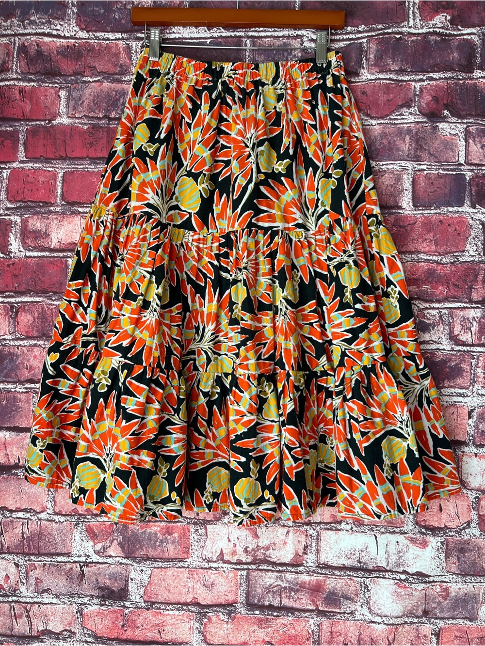 Handmade Tropical Floral Tiered Midi Skirt Orange Black Elastic Small